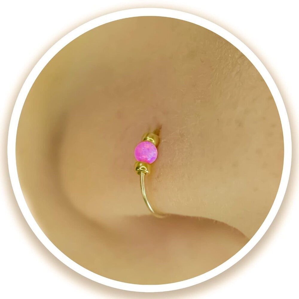 Tiny Pink Opal Fake Nose Ring - 24g Gold Faux Nose Piercing Rings - No Piercing
